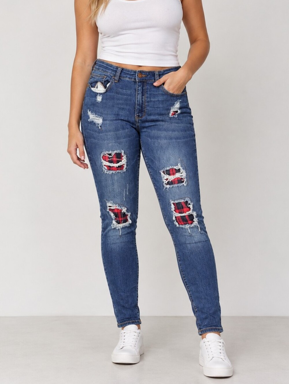 Judy Blue Distressed Plaid Patch Skinny Jeans Size 14W Blue Denim